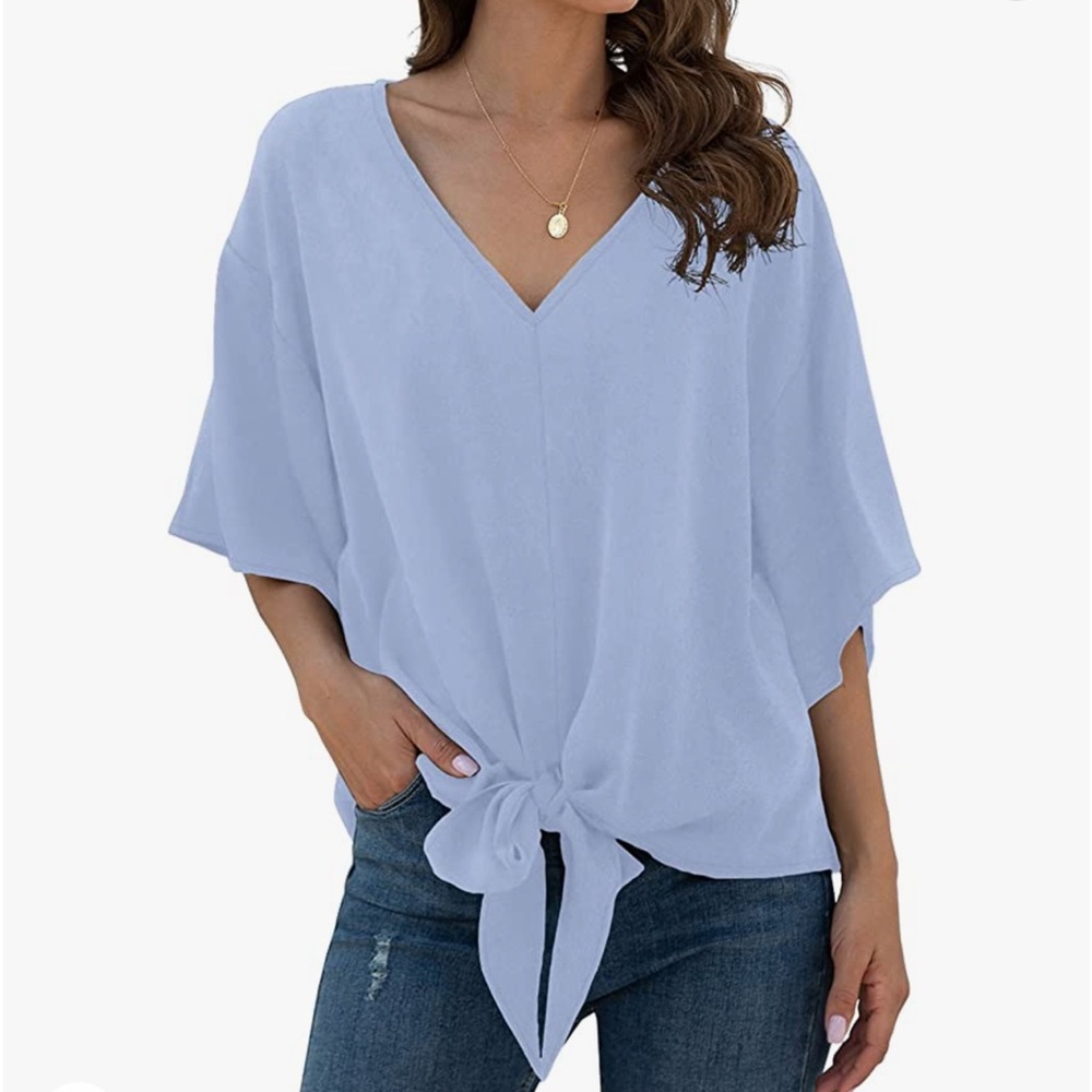 Amazon Women's Light Blue Tie-Front Blouse - Picture 2 of 8